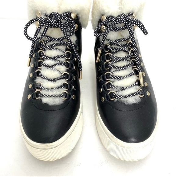 JOIE Handan Shearling High-Top Fur Cuff Leather Platform Sneakers in Black Sz 5 - Picture 4 of 10